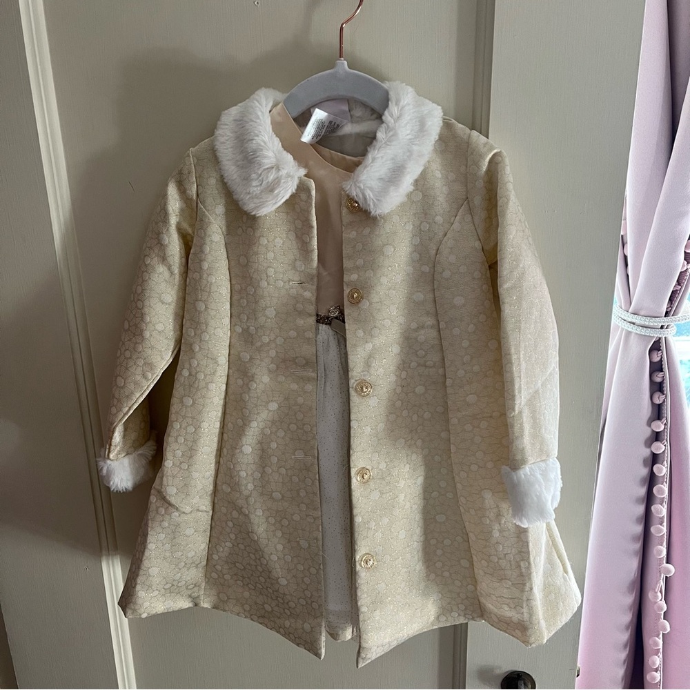 Toddler Girl 2T Gold Sleeveless Holiday Dress with Peacoat Jacket Fur Collar